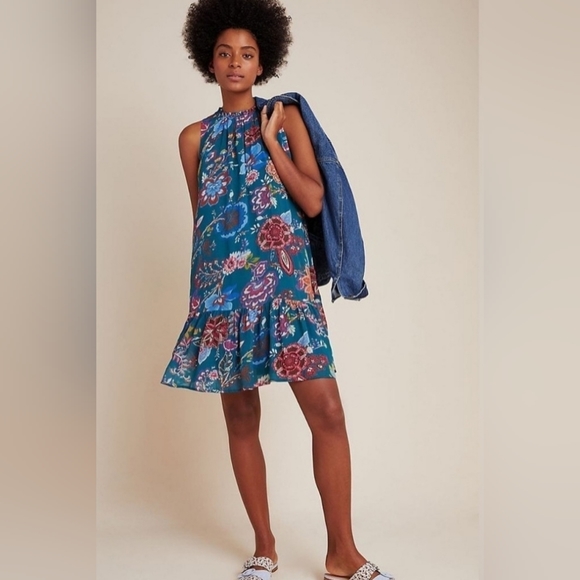 Anthropologie Dresses & Skirts - Anthropologie Natalie Trapeze Dress Womens Floral Sheer Overlay High Neck  Sz S